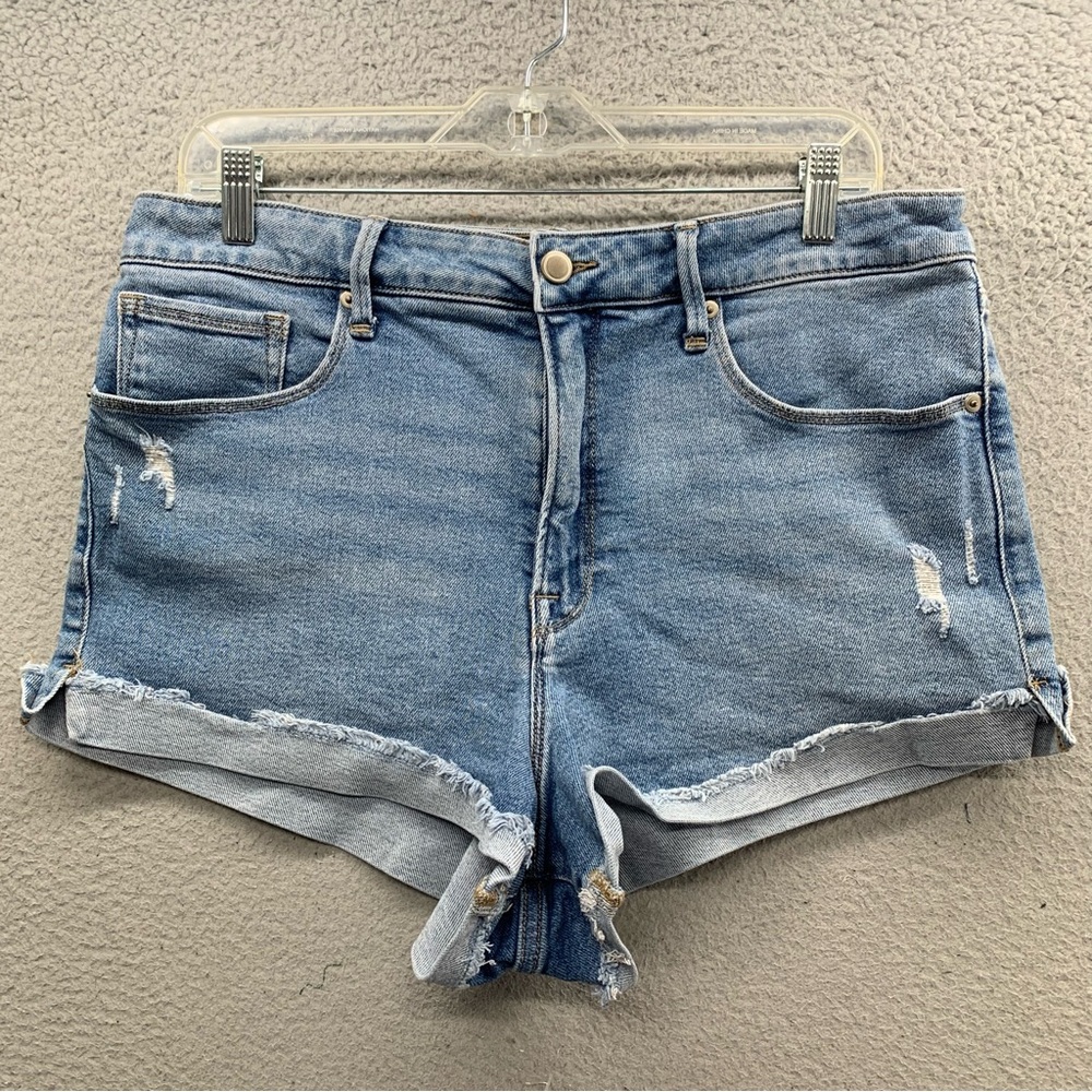 Good American Good Curve Raw Cuffed Hem High Rise Denim Blue Jean Shorts Size 15